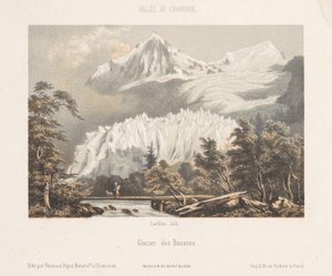 Zicht op de Mont Blanc vanaf de Col des Montets Vista del Mont Blanc desde Les Montets. Road to Martigny (título sobre el objeto) Herinnering en Chamonix-Mont-Blanc (título de la serie) Museo del Mont-Blanc (título de serie sobre objeto) de Ad. Cuvillier