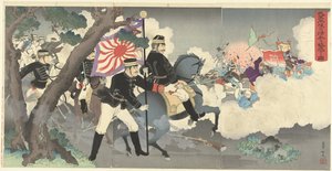Cómo nuestras fuerzas armadas derrotan a los soldados chinos en Pyongyang. Waga gun Heijo no shinhei o gekiha suru zu. (título en el objeto) de Adachi  Ginkō