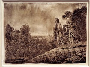 Tobías y el ángel. Agua fuerte sobre cobre por Hercules Seghers de Adam (after) Elsheimer