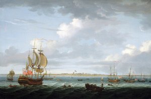 Navegación frente a la costa de Madrás (India), con una descripción del puerto y de la ciudad y la bandera británica ondeando sobre el Fuerte San Jorge, que evoca el aumento de las dificultades en la India para el Imperio Británico.