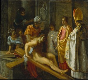 El retablo de Fráncfort de la Exaltación de la Vera Cruz: La prueba de la cruz (centro derecha) de Adam Elsheimer