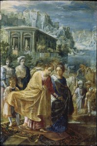 El retablo de Fráncfort de la Exaltación de la Vera Cruz: El embarque de la emperatriz Elena (izquierda) de Adam Elsheimer