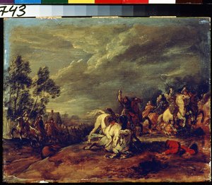 Batalla. Una batalla. Pintura Adam Frans van der Meulen (1632-1690). Óleo sobre madera. Arte flamenco, estilo barroco. Museo Pushkin de Bellas Artes, Moscú.