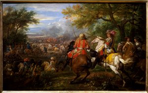 Derrota del ejército español cerca del canal de Brujas el 31 de agosto de 1667. El rey de Francia Luis XIV, en un caballo blanco, rodeado por sus generales: François de Créquy (1629-1687) y el Príncipe Luis II de Borbón-Condé (Borbón Condé) llamado el Gran de Adam Frans van der Meulen