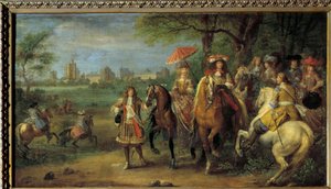 El rey Luis XIV (1638-1715) y la reina María Teresa de Austria (1638-1683) caminando frente al castillo de Vincennes en 1669 de Adam Frans van der Meulen