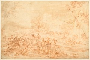 Paisaje, con un ataque a un convoy de entrenadoras. de Adam Frans van der Meulen