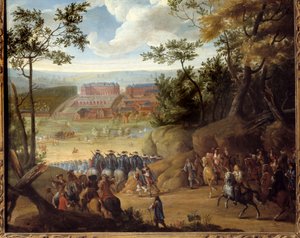 Vista de Versalles en 1664 con el Rey de Francia Luis XIV y una compañía de mosqueteros de Adam Frans van der Meulen