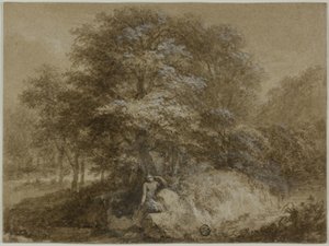 Arboleda sombreada con ninfa sentada bajo un árbol de Adam Friedrich Oeser