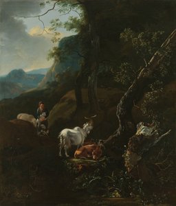 Una pastora con animales en un paisaje montañoso