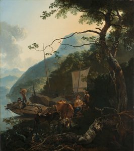 Barqueros amarrados en la orilla de un lago italiano
Barqueros amarrados en la orilla de un lago italiano; tal vez se trate de representar la huida a Egipto de Adam Pijnacker