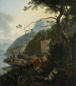 Barqueros amarrados en la orilla de un lago italiano, 1650-70 de Adam Pynacker