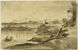 Paisaje con pescador en un lago de Adam Pynacker