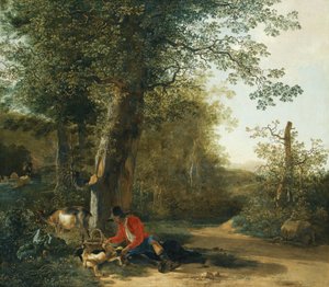 Campesino jugando con su perro mientras descansa en la linde de un bosque de Adam Pynacker