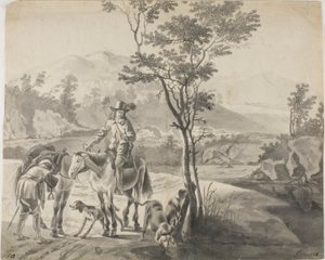 Jinetes y perros en un paisaje rocoso de Adam Pynacker