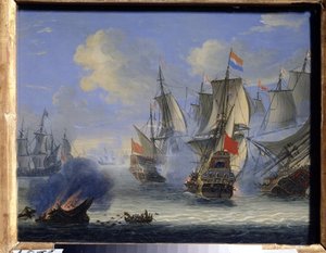 Batalla naval (Una batalla naval). Pintura de Adam Silo (1674-1757). Óleo sobre lienzo, 25 x 33,5 cm. Arte holandés, arte barroco. Museo Estatal de Arte, Tula (o Tolán). de Adam Silo