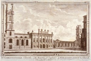 Banco de Inglaterra, St Christopher-le-Stocks y St Bartholomew-by-the-Exchange, Londres, c1775