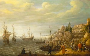 Barcos holandeses anclados frente a una ciudad escandinava fortificada de Adam Willaerts