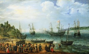 El buque "Prince Royal" y su escolta anclados en un estuario de Adam Willaerts