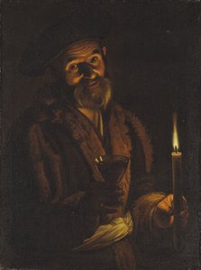 Viejo sosteniendo una vela y un vaso de Adam de Coster