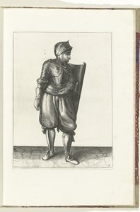 El ejercicio con la diana y el estoque: el soldado lleva la diana por detrás sobre el hombro izquierdo (núm. 2), 1618 El Nassausche Wapen-Handelinge, van Schilt, Spies, Rappier and the Targe: más allá de figuerlick representado, y enmarcado según el nuevo  de Adam van Breen