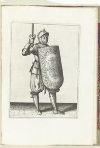 El ejercicio del estoque y el estoque: el soldado sostiene el estoque desenvainado no más alto que su rostro (n. ° 5), 1618 El Nassausche Wapen-Handelinge, van Schilt, Spies, Rappier and the Targe: más allá de figuerlick representado, y enmarcado según el  de Adam van Breen