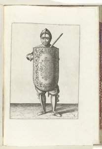 El taladro con la diana y el estoque: el soldado sujeta la diana frente al pecho y el estoque desenvainado contra el hombro izquierdo (n.º 6), 1618 El Nassausche Wapen-Handelinge, van Schilt, Spies, Rappier and the Targe : beyde figuerlick representado, en de Adam van Breen