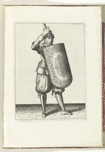 El taladro con la diana y el estoque: cómo el soldado debe cerrar la visera de su casco con la diana y el estoque desenvainado en la mano (núm. 7), 1618 El Nassausche Wapen-Handelinge, van Schilt, Spies, Rappier and the Targe : beyde figuerlick representad de Adam van Breen