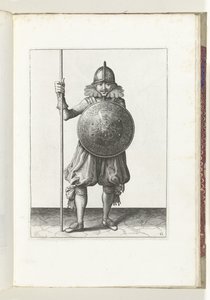 El ejercicio con escudo y lanza: el soldado devuelve la lanza a la posición de reposo en tres tiempos, tercer movimiento (núm. 12), 1618 El Nassausche Wapen-Handelinge, van Schilt, Spies, Rappier and the Targe : beyde figuerlick representado, y enmarcado d de Adam van Breen