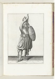 El ejercicio con escudo y lanza: el soldado devuelve la lanza a la posición de reposo en tres tiempos, segundo movimiento (núm. 11), 1618 El Nassausche Wapen-Handelinge, van Schilt, Spies, Rappier and the Targe : beyde figuerlick representado, y enmarcado  de Adam van Breen