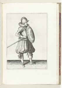 El ejercicio del escudo y la punta: el soldado mueve la punta a la posición de arrastre en dos tiempos, segundo movimiento (n. ° 14), 1618 The Nassausche Wapen-Handelinge, van Schilt, Spies, Rappier and the Targe : beyde figuerlick representado, ende enmar de Adam van Breen