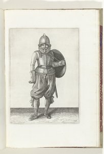 El ejercicio del escudo y la espiga: el soldado devuelve el escudo a la espalda con el brazo izquierdo (n.º 26), 1618 De Nassausche Wapen-Handelinge, van Schilt, Spies, Rappier and the Targe: más allá de figuerlick representado, ende enmarcado según el nue de Adam van Breen