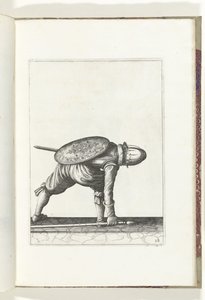 El ejercicio del escudo y la pica: el soldado se inclina para recoger la pica (n.º 28), 1618 The Nassausche Wapen-Handelinge, van Schilt, Spies, Rappier and the Targe : beyde figuerlick representado, y enmarcado según el nuevo orden [de] (...) Maurits van  de Adam van Breen