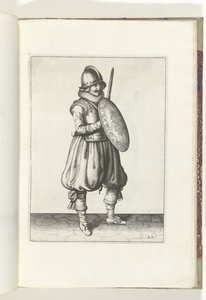 El ejercicio del escudo y la pica: el soldado atento con su estoque y escudo frente al cofre (n. ° 20), 1618 De Nassausche Wapen-Handelinge, van Schilt, Spies, Rappier and the Targe: más allá de figuerlick representado, ende enmarcado según el nuevo orden  de Adam van Breen