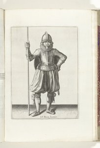 El ejercicio del escudo y la espiga: el soldado en reposo, espiga en la mano y escudo en la espalda (n.º 1), 1618 The Nassausche Wapen-Handelinge, van Schilt, Spies, Rappier and the Targe : beyde figuerlick representado, ende enmarcado según el nuevo orden de Adam van Breen