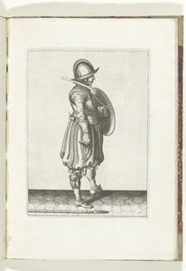 El ejercicio del escudo y la estaca: el soldado con el escudo listo y la estaca en el suelo junto a su pie derecho (n.º 17), 1618 The Nassausche Wapen-Handelinge, van Schilt, Spies, Rappier and the Targe : beyde figuerlick representado, ende enmarcado desp de Adam van Breen