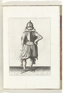 El ejercicio del escudo y la pica: el soldado de pie en reposo con el escudo en la espalda (n.º 27), 1618 El Nassausche Wapen-Handelinge, van Schilt, Spies, Rappier and the Targe: más allá de figuerlick representado, y enmarcado según el nuevo orden [de] ( de Adam van Breen