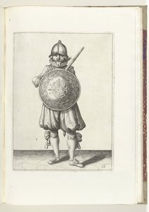 El ejercicio del escudo y la punta: el soldado de pie en reposo, su estoque descansando sobre el hombro izquierdo detrás del escudo (n. ° 23), 1618 The Nassausche Wapen-Handelinge, van Schilt, Spies, Rappier and the Targe : beyde figuerlick representado, e de Adam van Breen