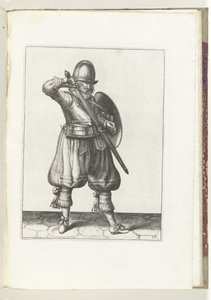 El ejercicio de escudo y púas: el soldado que vuelve a envainar su estoque (núm. 24), 1618 El Nassausche Wapen-Handelinge, van Schilt, Spies, Rappier and the Targe: más allá de figuerlick representado, y enmarcado según el nuevo orden [de] (...) Maurits va de Adam van Breen