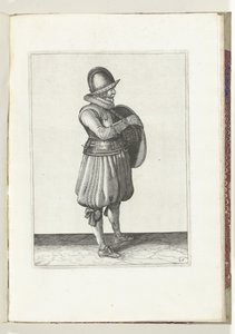 El ejercicio del escudo y la espiga: el soldado saca el brazo del cinturón del escudo (núm. 25), 1618 El Nassausche Wapen-Handelinge, van Schilt, Spies, Rappier and the Targe: más allá de figuerlick representado, y enmarcado según el nuevo orden [de] (...) de Adam van Breen