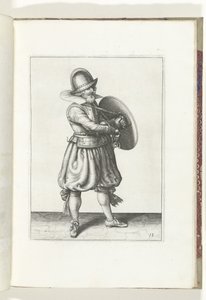 El ejercicio de escudo y punta: el soldado saca su estoque de detrás de su escudo (n. ° 18), 1618 El Nassausche Wapen-Handelinge, van Schilt, Spies, Rappier and the Targe: más allá de figuerlick representado, y enmarcado según el nuevo orden [de] (...) Mau de Adam van Breen