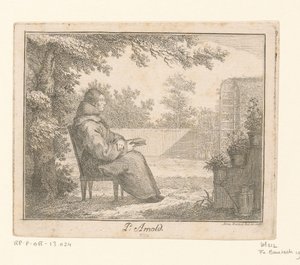 Retrato de Arnoldus a Sancta Clara con un libro en un jardín. P. Arnold (título sobre el objeto)