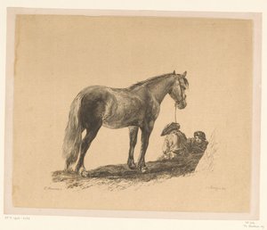 Caballo de pie con dos hombres sentados en el suelo Seis grabados a partir de dibujos de Adam von Bartsch en la colección de Heinrich Xaver Ritter von Hauer (título de la serie) Six estampes gravées par Adam de Bartsch d