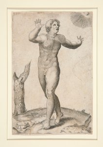 Un hombre desnudo que se asusta al ver la luna y el sol en el cielo al mismo tiempo