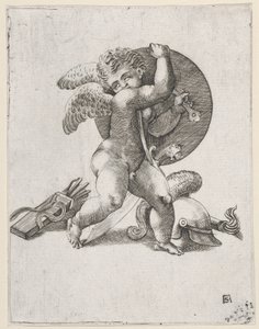 Cupido con armas de Marte, c. 1547-62 de Adamo Scultori
