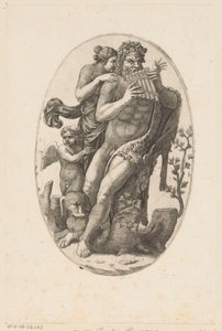 Sátiro con flauta de pan y ninfa de Adamo Scultori