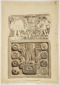 Relieve de piedra de la Ciudad de México que muestra en la parte superior, dos figuras de guerreros frente a una 