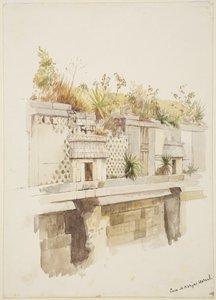 Casa de las Monjas, Uxmal, México, pintura del piso superior de las ruinas