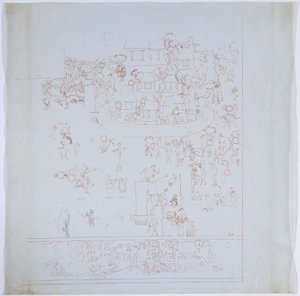Copia de un mural completo de la pared oeste, Templo Superior de los Jaguares, Chichén Itzá, México, cámara interior en la pared oeste (tinta roja y negra y grafito)