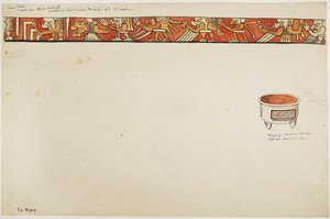 Borde interior de un jarrón trípode (figuras grotescas) y una olla blanca con diseños en rectángulos de Adela Breton