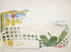 Pintura de parte de un mural que representa una escena de sacrificio humano sobre la puerta de la cámara interior, Templo Superior de los Jaguares, Gran Juego de Pelota, Chichen Itza, México de Adela Breton